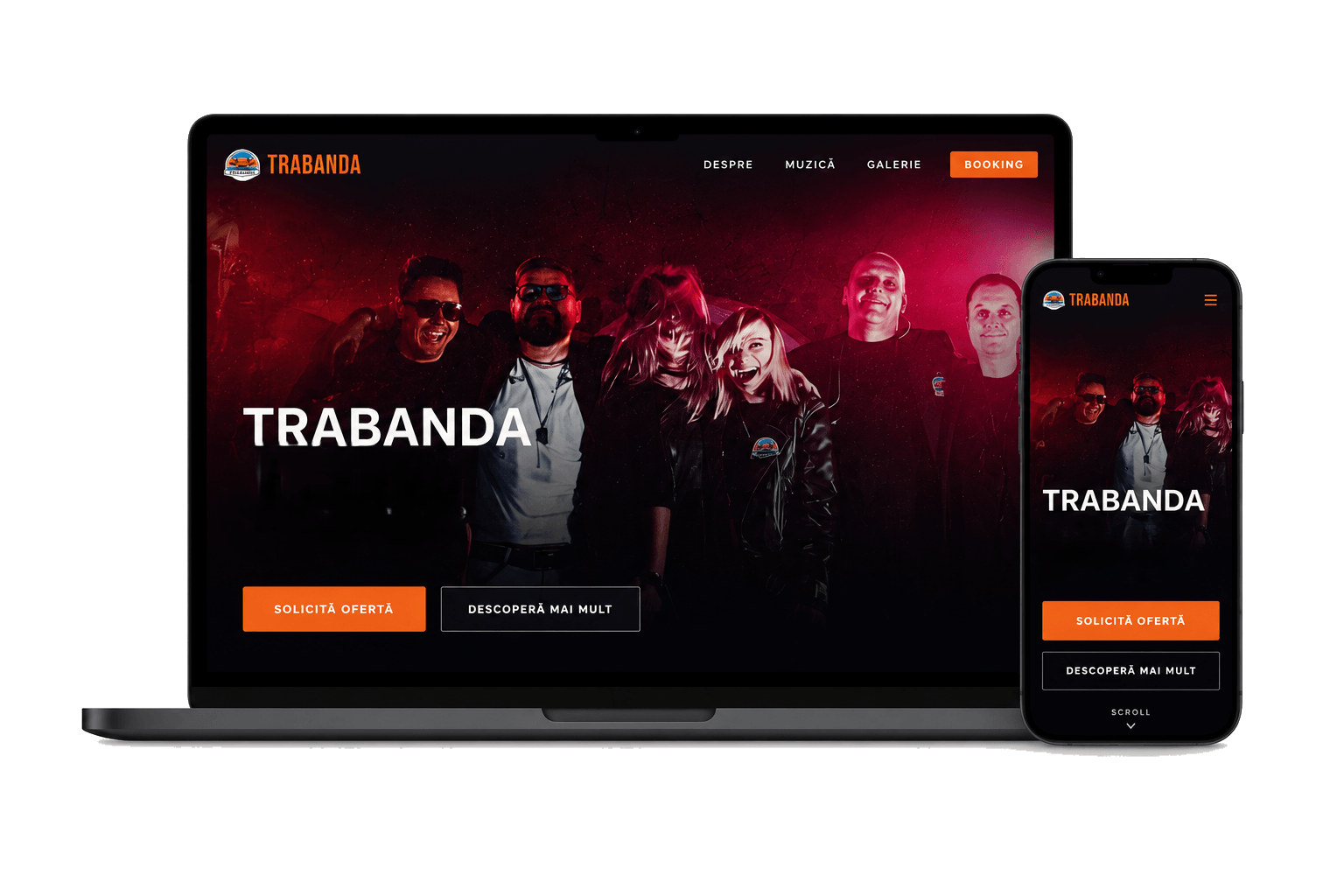 Website-ul Trabanda pe laptop și telefon